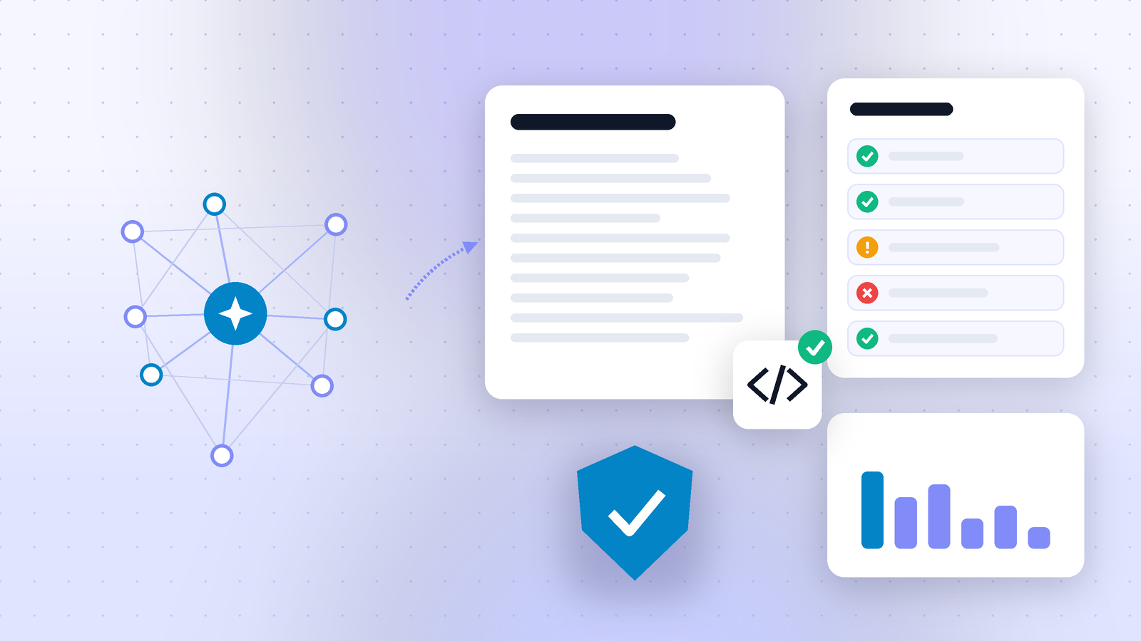 Network of bot nodes around an AI hub with an arrow to a log document, a code icon with a check mark, a checklist with pass, warning and fail marks, a blue verification shield and a bar chart