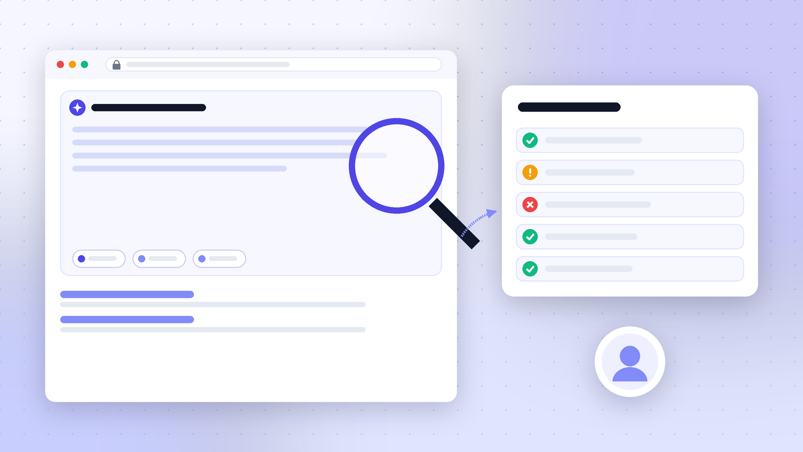 Browser window with an AI summary box at the top of search results, a magnifying glass over it, an audit checklist with pass, warning and fail marks, and a person icon