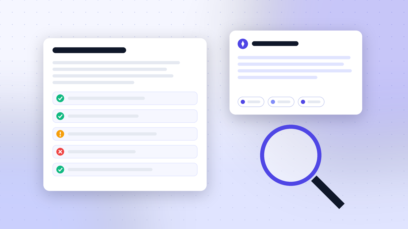 Content checklist with green, amber and red fact-check marks next to an AI answer card and a magnifying glass