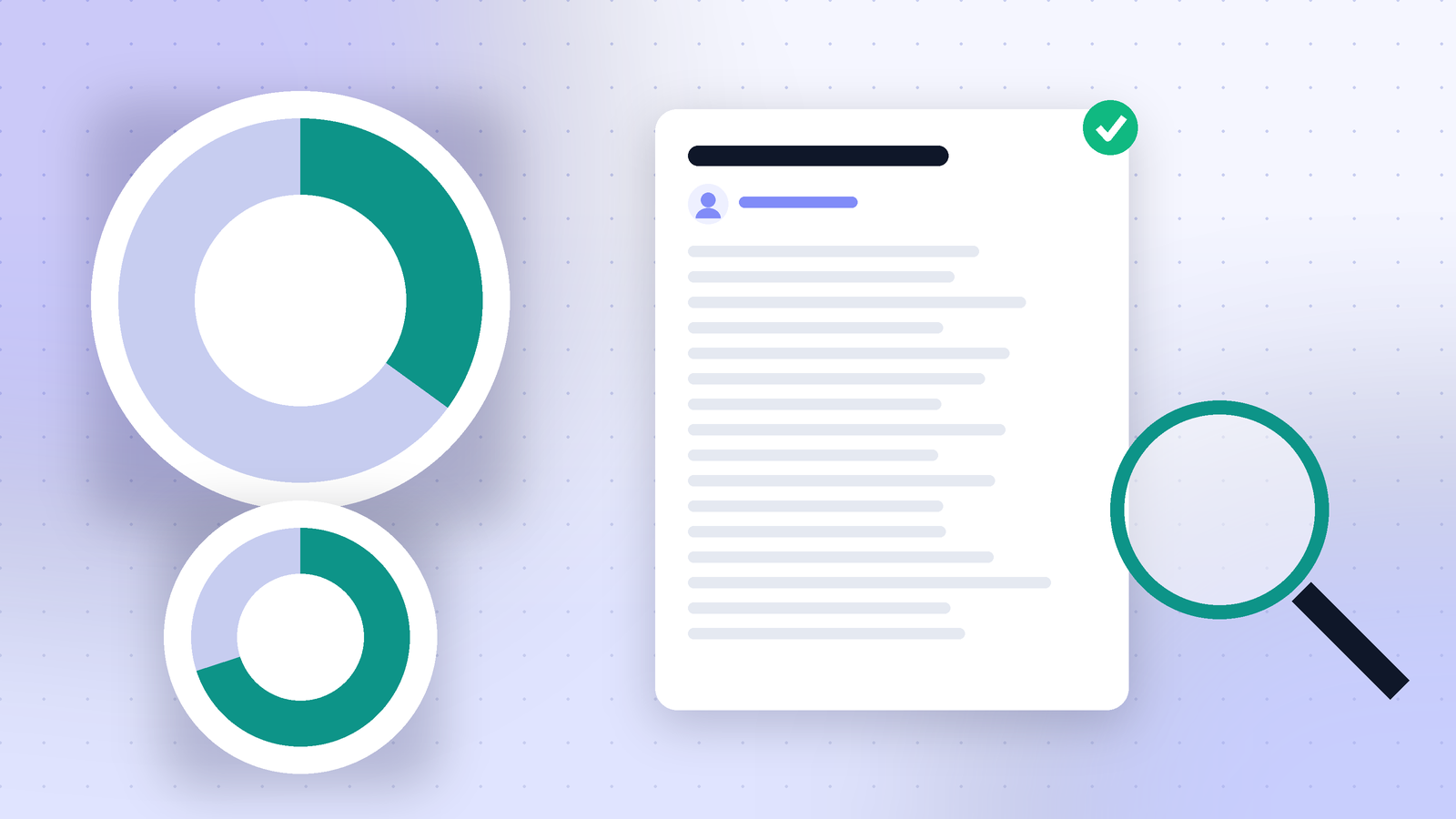 Two teal donut charts beside a document with an author line and a green tick, with a magnifying glass