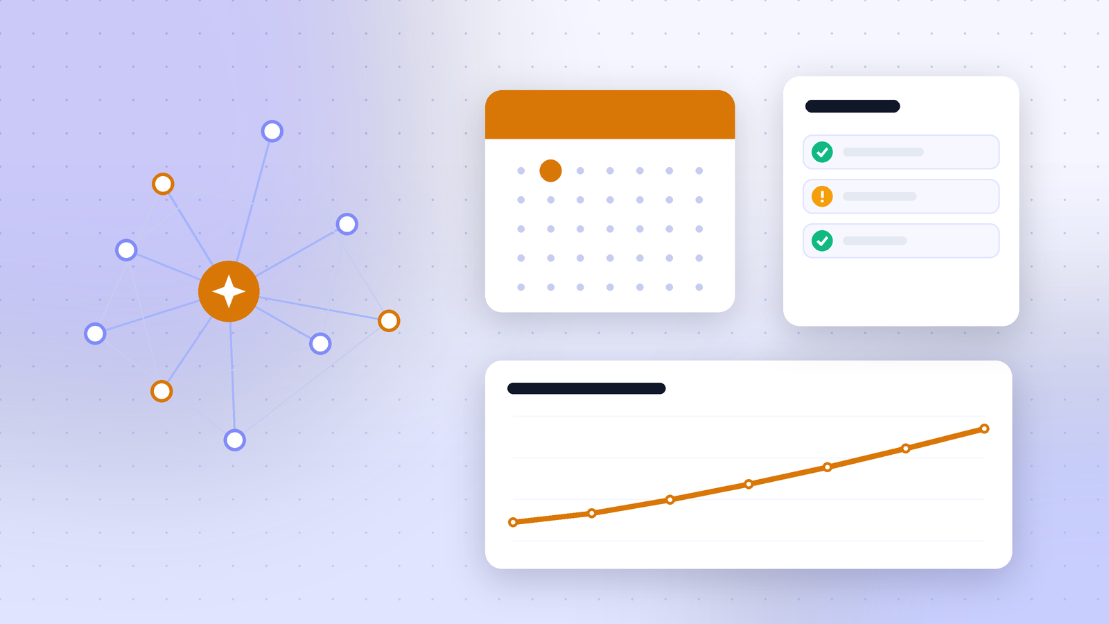 Network of connected nodes beside a calendar, a short checklist and a rising orange line chart