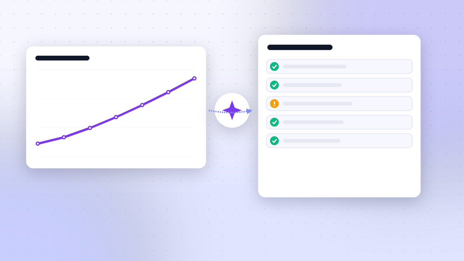 Rising line chart linked by a dotted arrow and sparkle icon to a checklist of mostly ticked items
