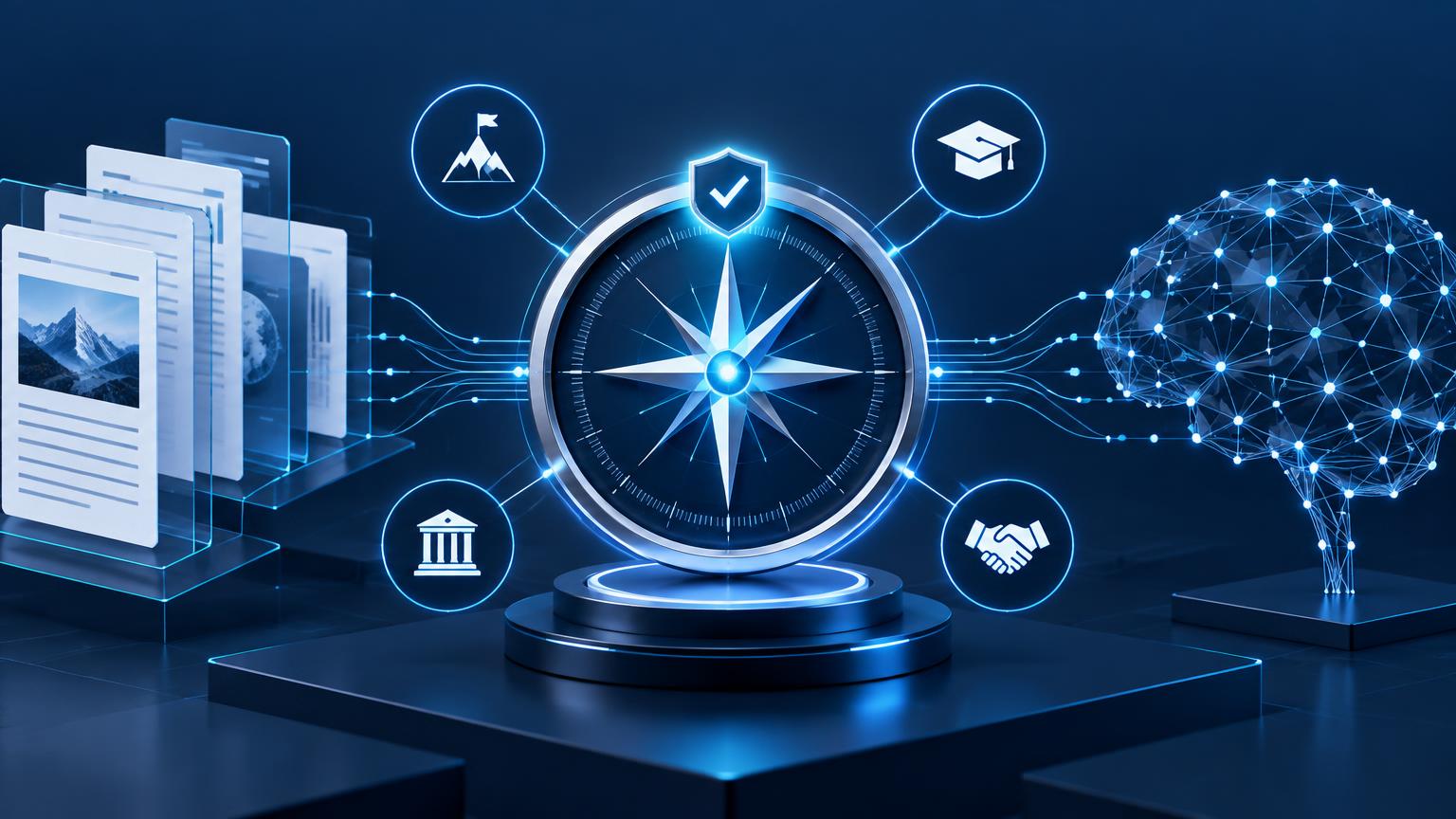 A trust compass connecting verified sources with an AI knowledge network