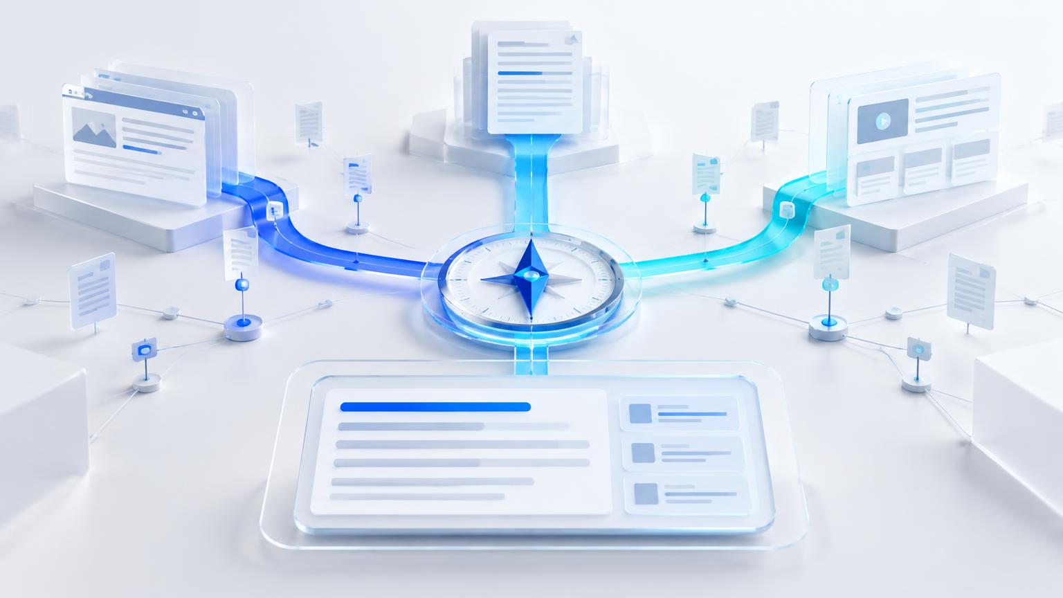 Three search pathways converging around a compass and citation network