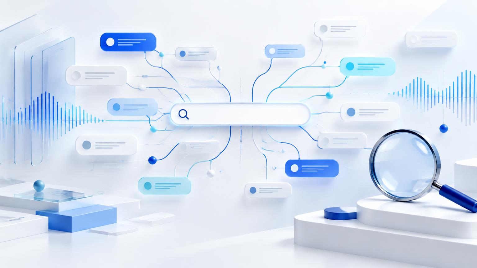 A search field branching into a network of buyer questions