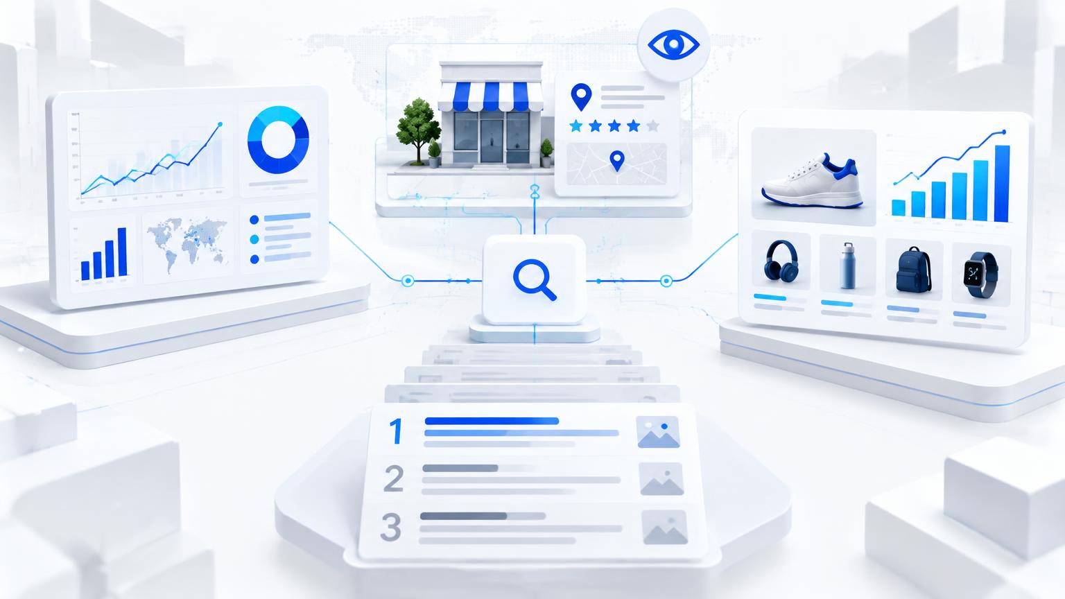 Connected search analytics, local visibility, ranking, and shopping insight panels